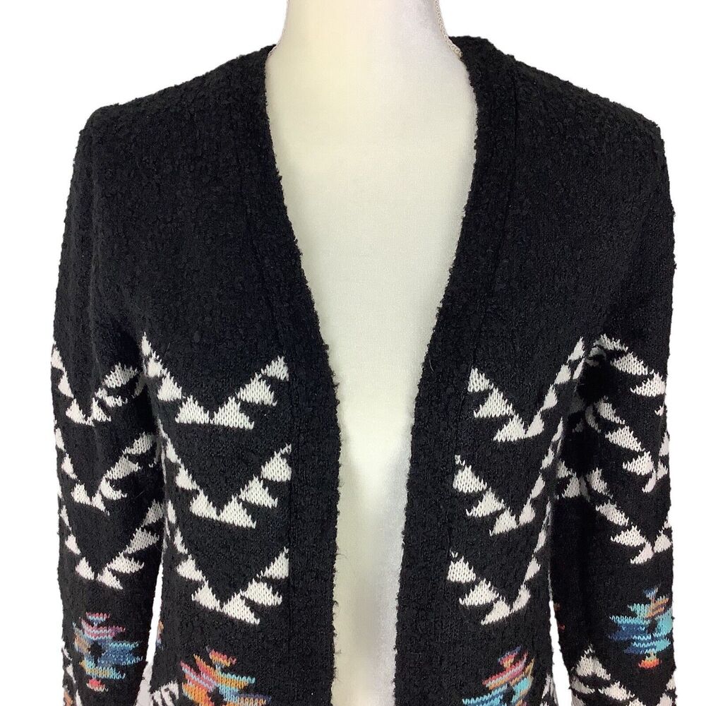 Long Aztec Western Open Front Cardigan Sweater Girls Jr M Women XS S Black Knit - Picture 2 of 15